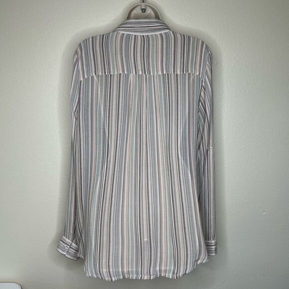 Kut From The Kloth Jasmine Stripe Gauze Shirt Roll Tab Long Sleeve Women XL FLAW - Picture 6 of 13